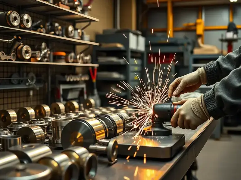 Professional metal polishing workspace with golden reflections